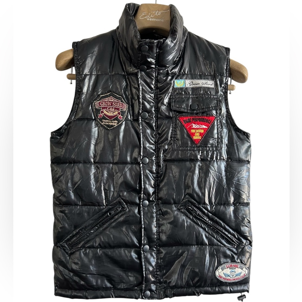MEN’S/UNISEX•XS•NICX SIXX•Black Puffer Vest with Patches. Absolutely unique!